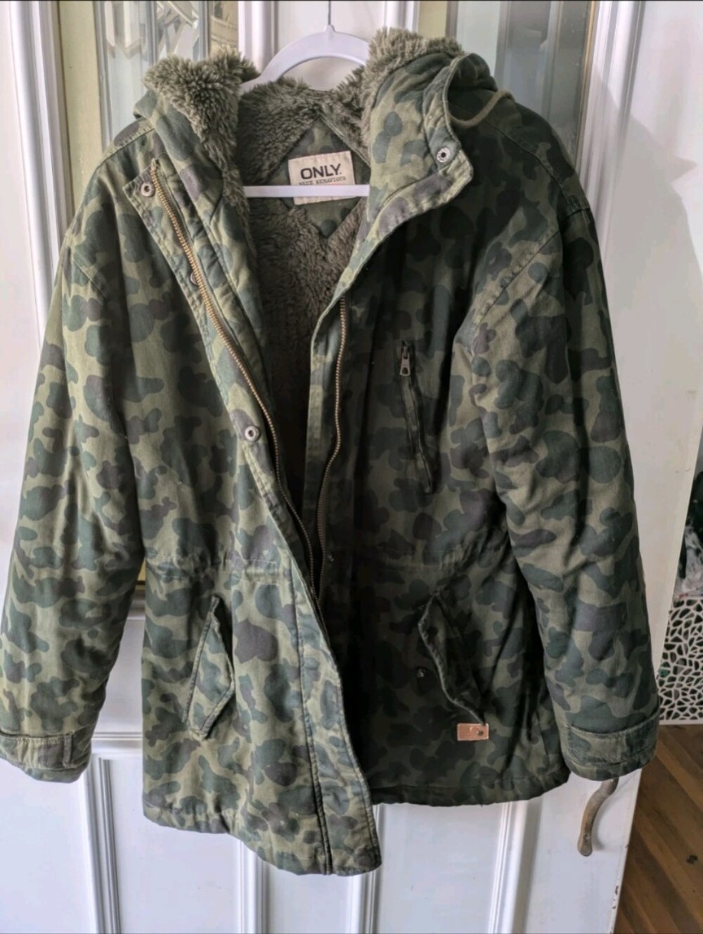 ONLY Olive Camo Sherpa Hooded Parka Cotton Zip Ribbed Cuffs Drawstring Waist